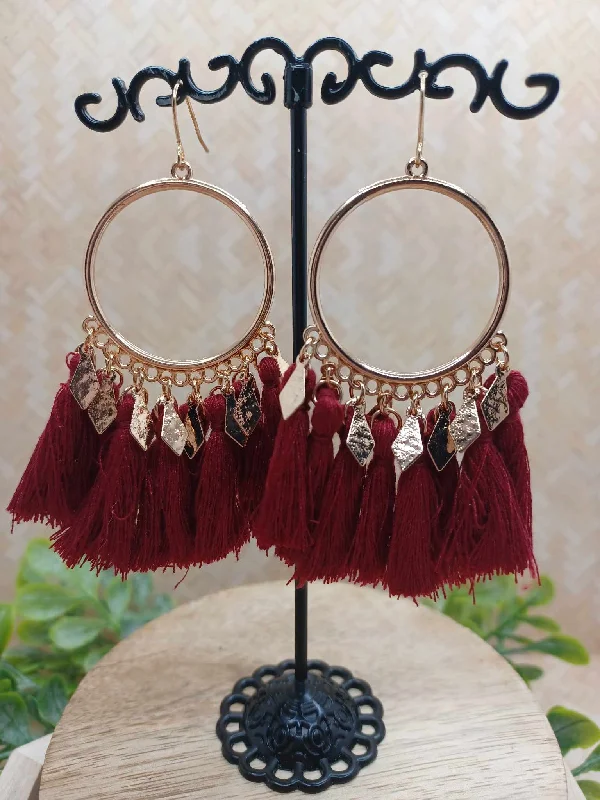 Maroon Tassel Earrings w/ Gold Detailing