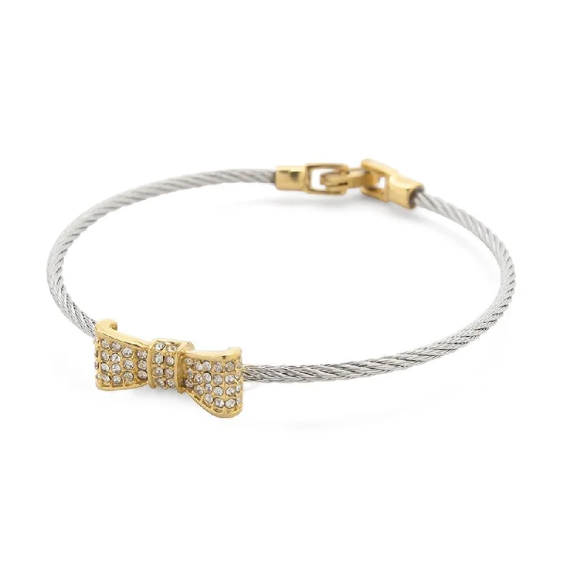 Stainless Steel Cable Bangle with Crystal Pave Bow Two Tone