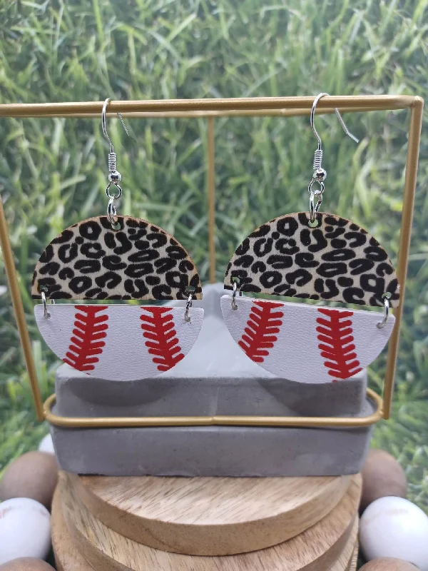 Wooden Baseball & Leopard Hinged Earrings