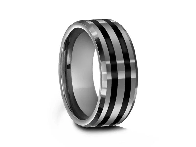 8MM GRAY GUNMETAL Tungsten Wedding BanD  Black Enamel LINES AND GRAY INTERIOR