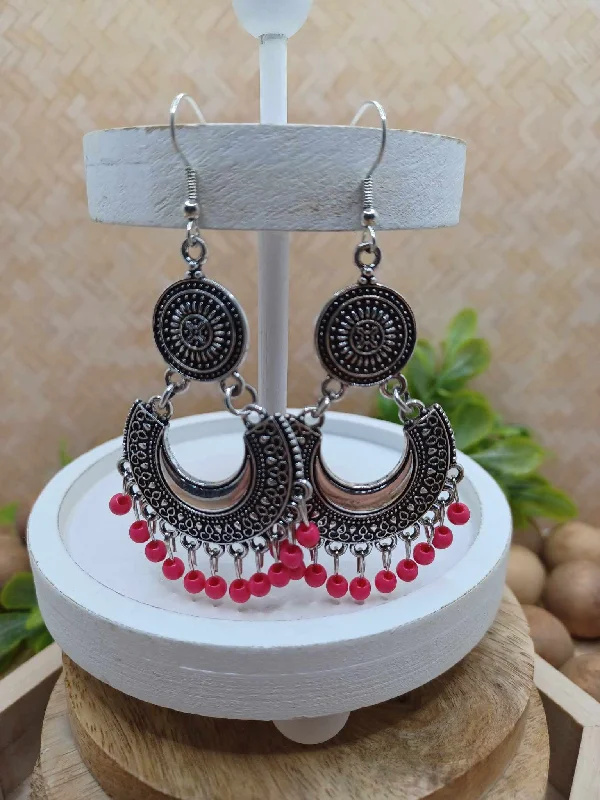 Silver Textured Earrings w/ Hot Pink Dangle Beading