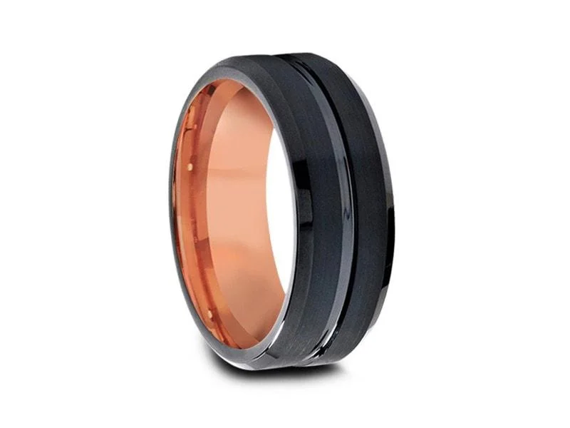 8MM BRUSHED Black Tungsten Wedding Band BEVELED AND ROSE GOLD INTERIOR