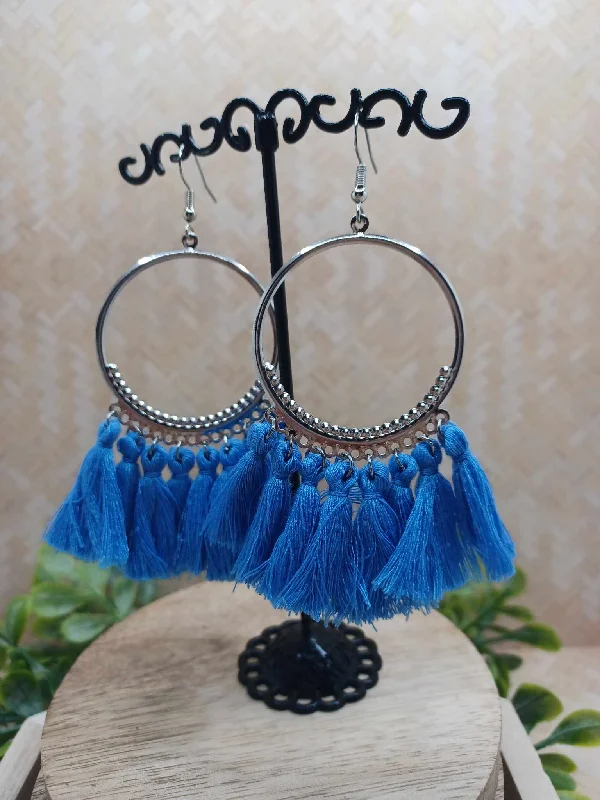 Blue Tassel Earrings w/ Silver Detail