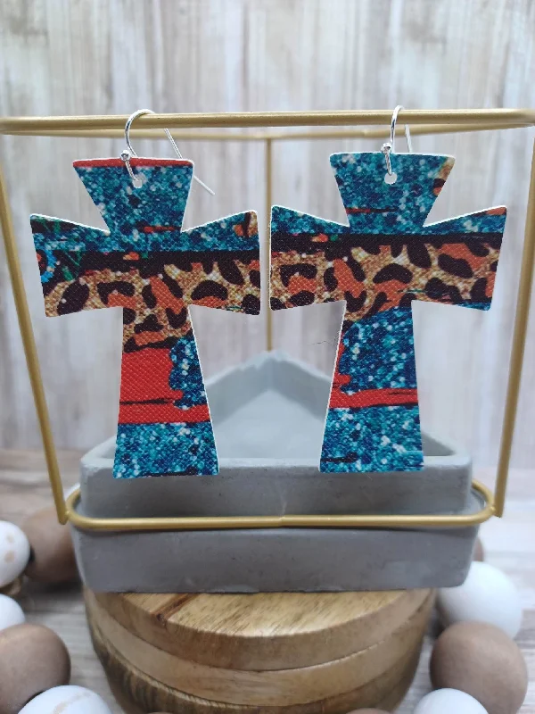 Leaopard & Blue Cross Leather Style Earrings