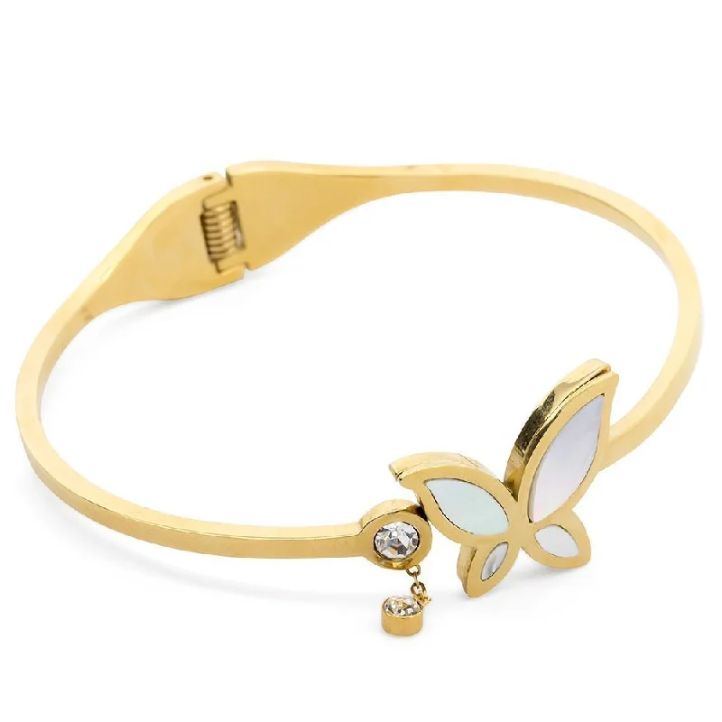 Stainless Steel Bangle MOP Butterfly CZ Gold Plated