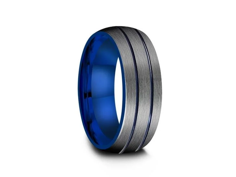 8MM BRUSHED GRAY Gunmetal Tungsten Wedding Band DOME AND BLUE INTERIOR