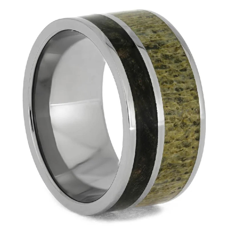 Deer Antler and Buckeye Burl Wood Ring in Titanium Band