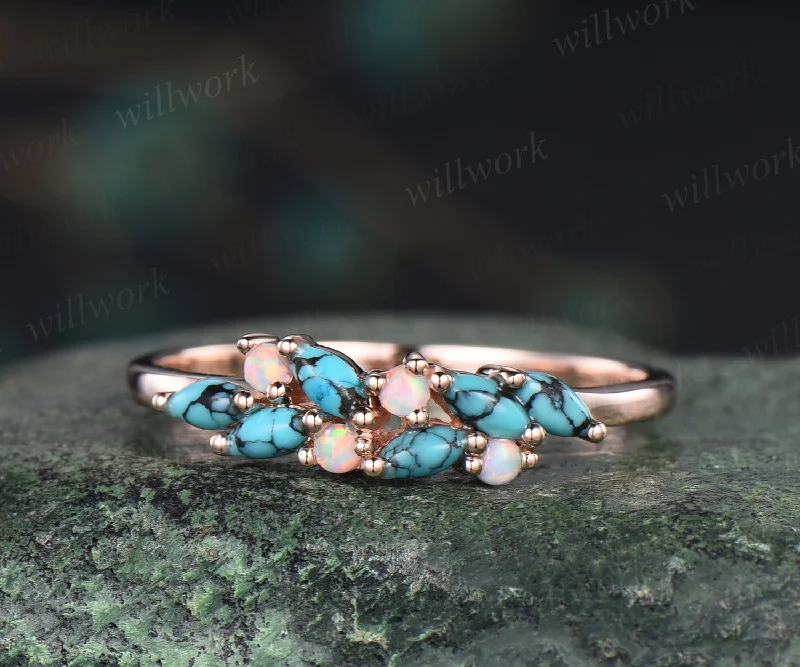 Antique turquoise wedding band white opal ring solid rose gold unique cluster marquise teal green gems stackable ring for women bridal gifts