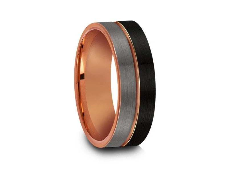 8MM BRUSHED GRAY AND BLACK FLAT Tungsten Wedding Band ROSE GOLD CENTER AND ROSE GOLD INTERIOR