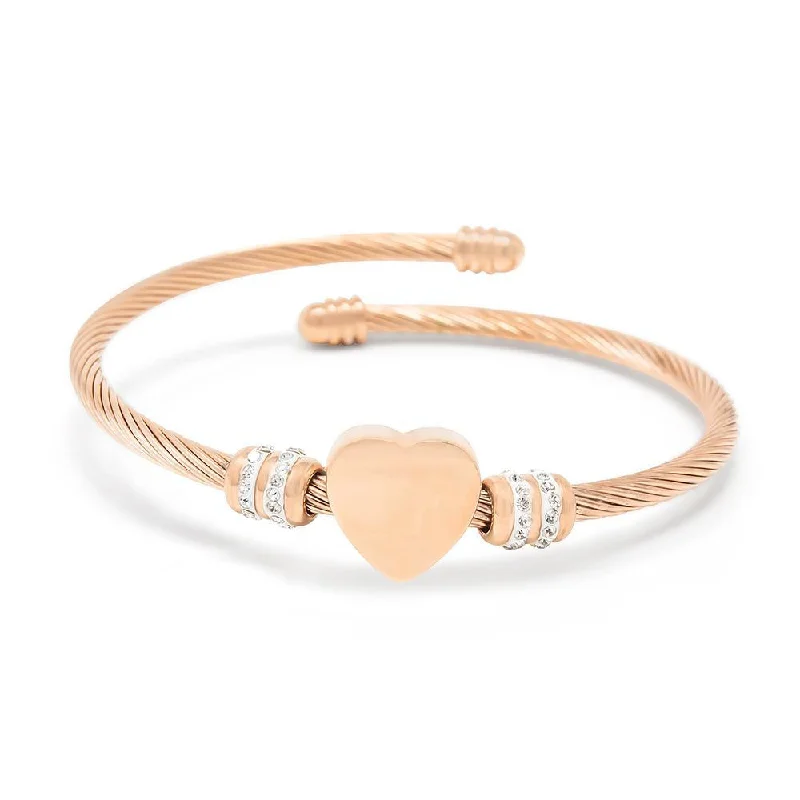 Stainless Steel Heart with Pave Station Cable Bangle Rose Gold Plated