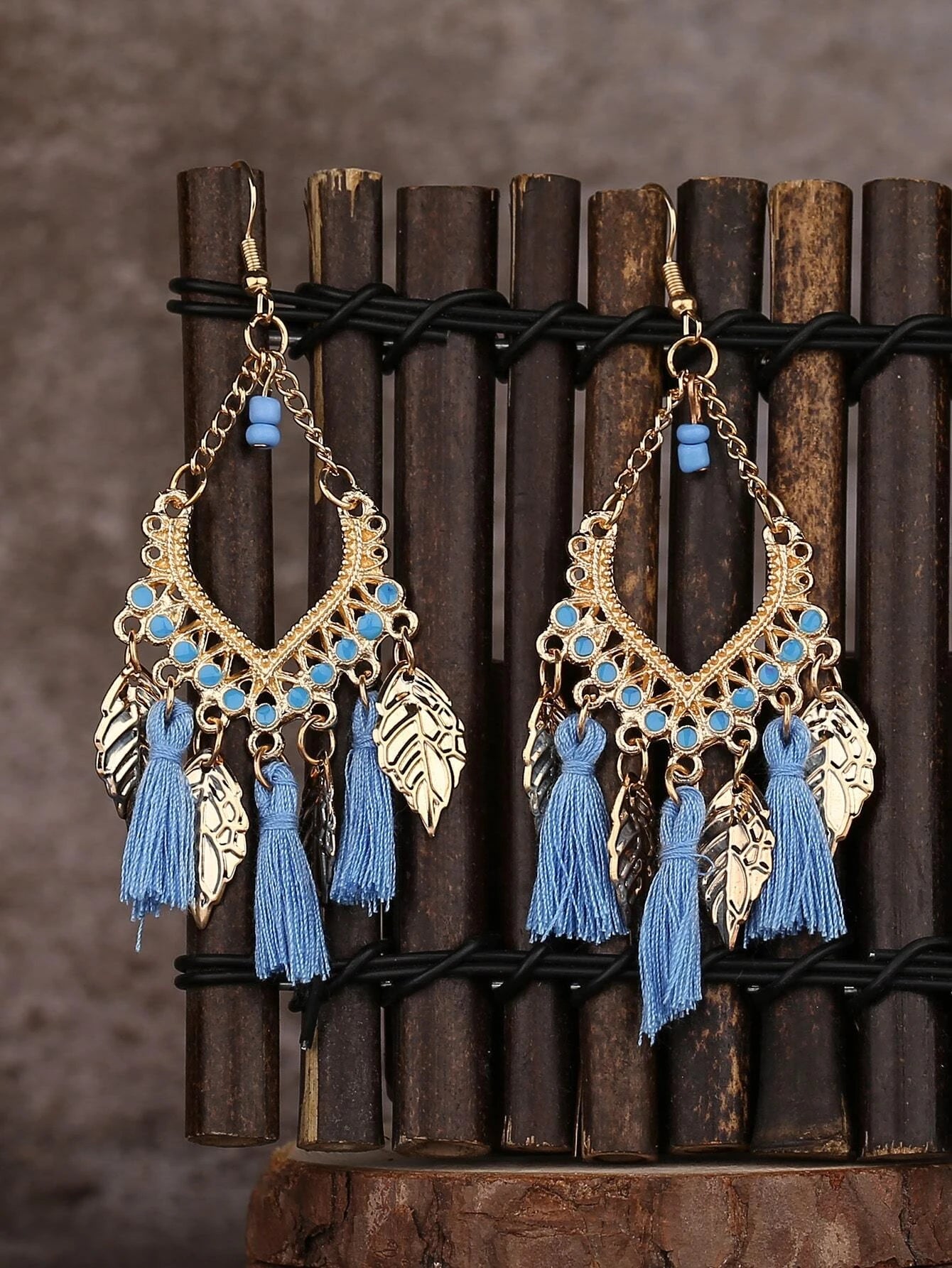 Gold Beaded & Tassel Style Earrings w/ Blue Tassels