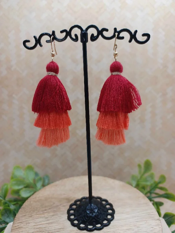 Red to Orange Gradient Triple Tassel Earrings