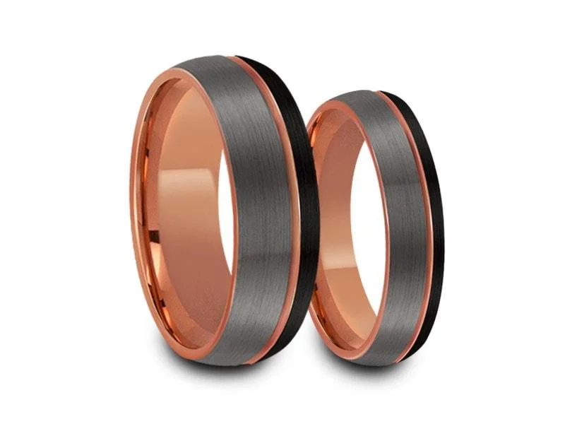 6MM/8MM BRUSHED GRAY AND BLACK DOME Tungsten Wedding Band Set ROSE GOLD CENTER AND ROSE GOLD INTERIOR