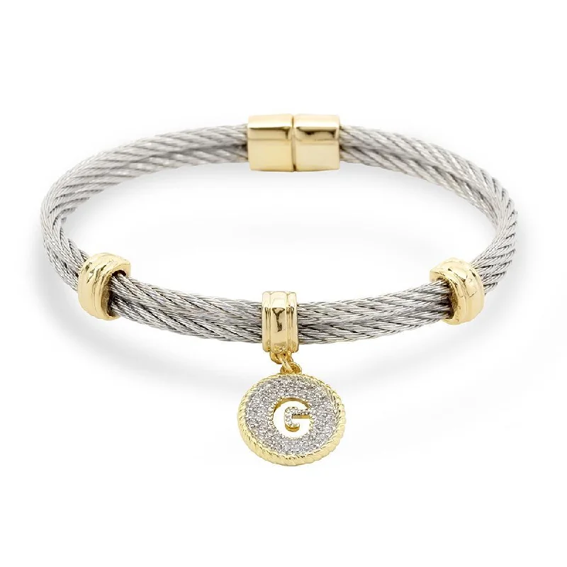 Stainless Steel Two Tone Wire Bangle CZ -G