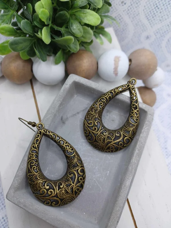 Brass Teardrop Style Earrings w/ Filigree Pattern