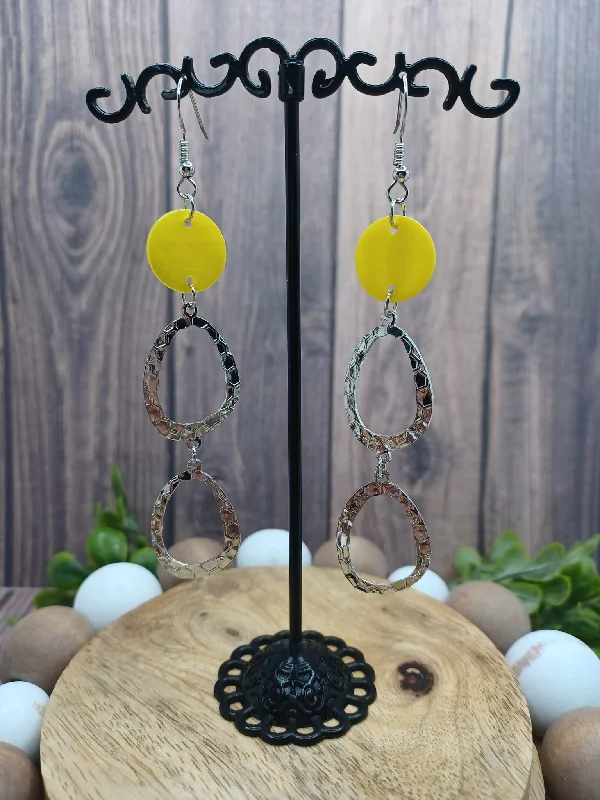 Silver Textured Teardrop Dangle Earrings w/ Yellow Discs