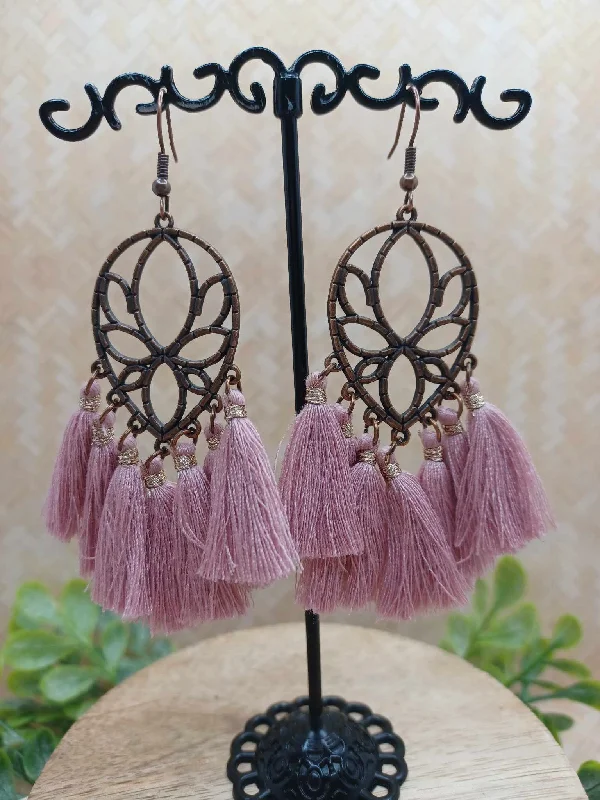 Copper Design Earrings w/ Ash Pink Tassels