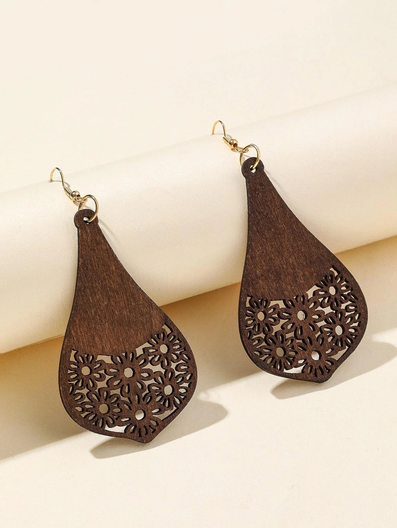 Brown wooden Cutout Floral Patterned Earrings