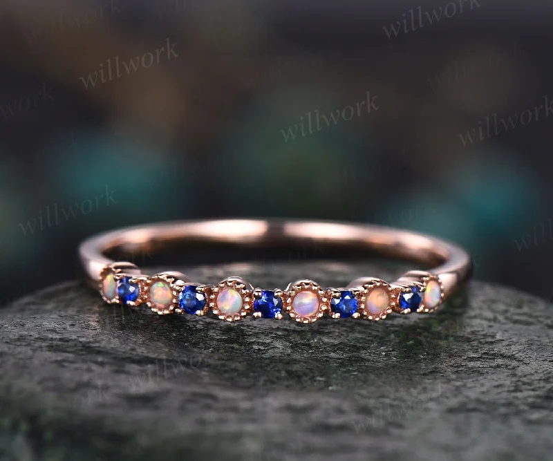 Natural sapphire wedding ring opal wedding band sapphire ring gold opal ring vintage Milgrain wedding ring band bridal anniversary gifts