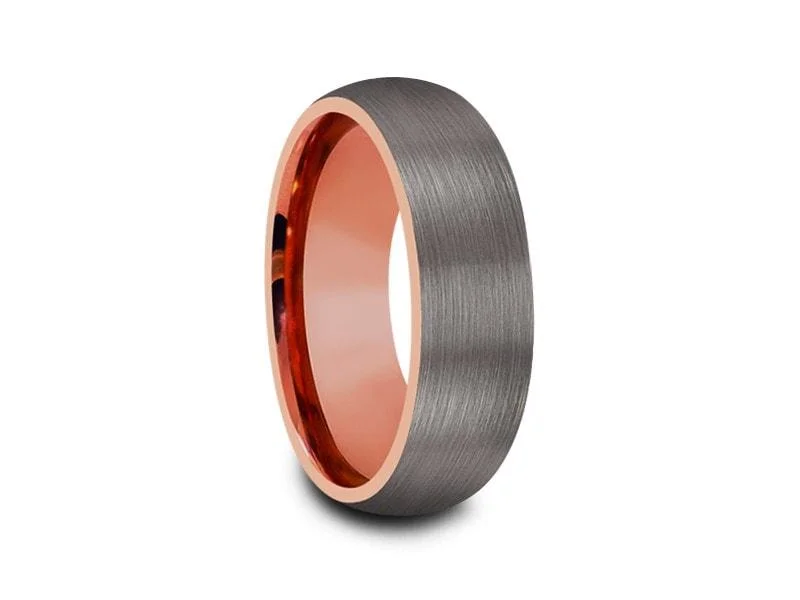 8MM BRUSHED GRAY Tungsten Wedding Band DOME AND ROSE GOLD INTERIOR