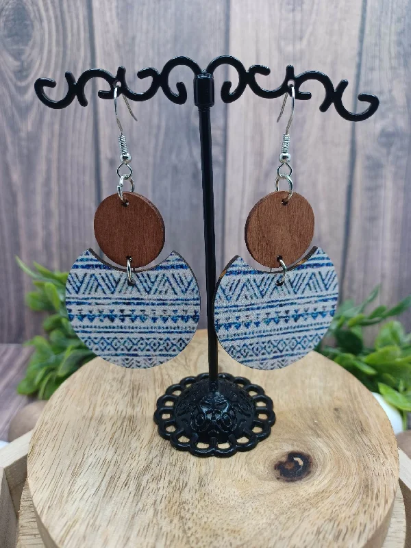 Wooden Blue & White Patterned Earrings