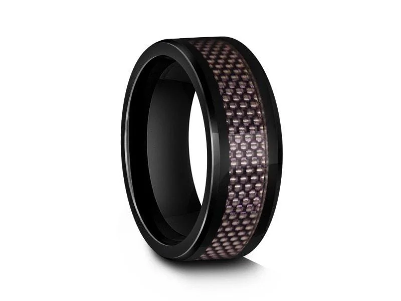 8MM BLACK CERAMIC WEDDING BAND FLAT AND PURPLE CARBON FIBER INLAY