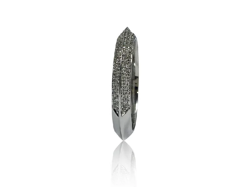 Knife Shank Cubic Zirconia Wedding Band Micro Pave Set 14K White Gold