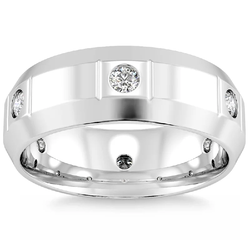 Mens 3/4ct Comfort Fit White Gold Diamond Wedding Band Ring