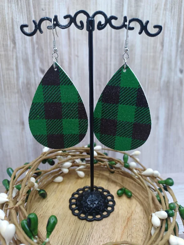 Green & Black Plaid Leather Style Earrings