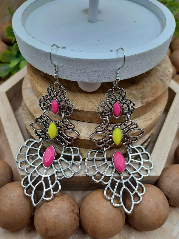 Silver Design Earrings w/ Hot Pink & Neon Yellow Accents