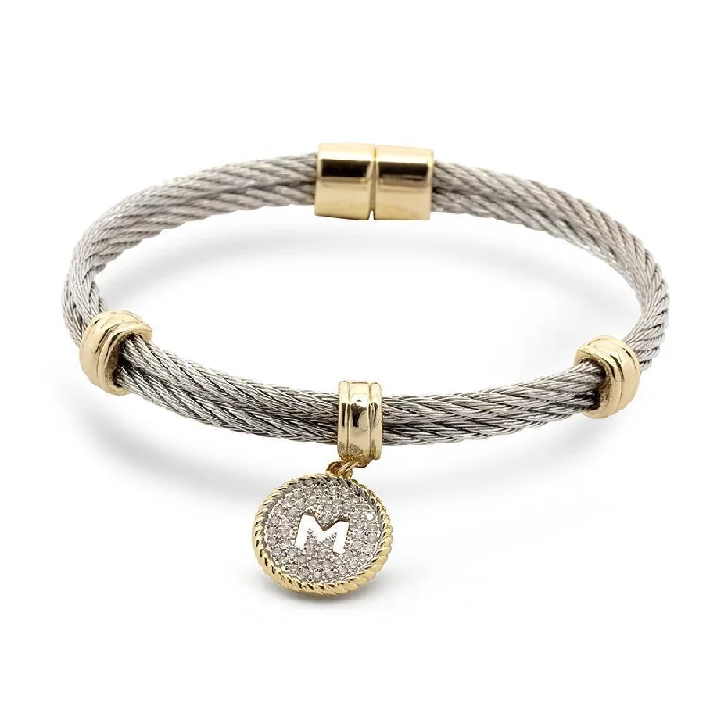 Stainless Steel Two Tone Wire Bangle CZ -M