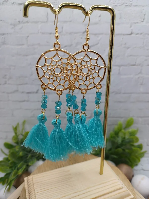 Teal Dreamcatcher Beaded & Tassel Earrings