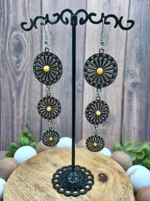 Silver Flower Drop Earrings w/ Yellow Stones