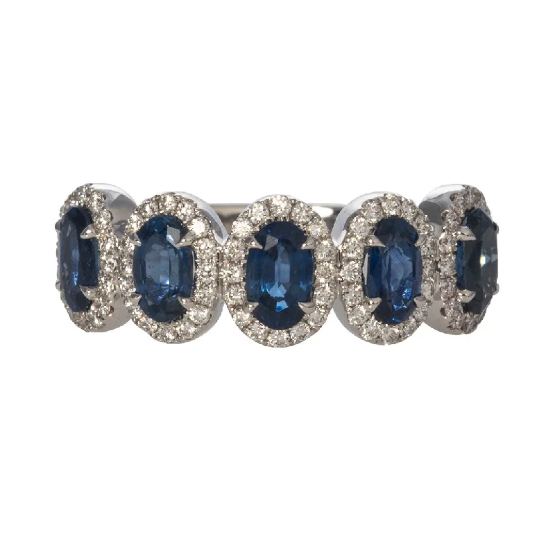 Five-Stone Oval Sapphire & Diamond Halo 14K White Gold Ring