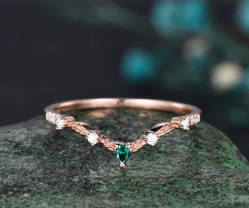 Unique emerald wedding band Vintage Curved V Shaped 14k rose gold emerald ring vintage norse leaf nature ring jewelry dainty wedding bridal anniversary ring band women