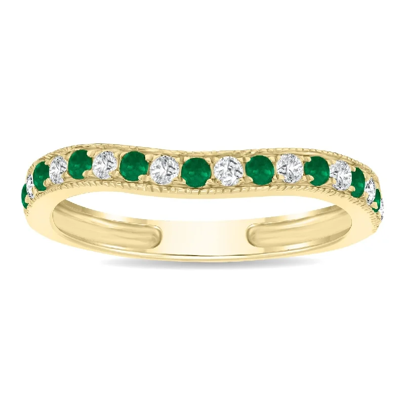 Emerald and Diamond Channel Set Wedding Band in 10K Yellow Gold