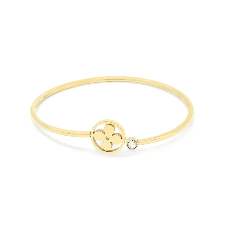 Stainless Steel Flower and Crystal Bangle Gold Plated