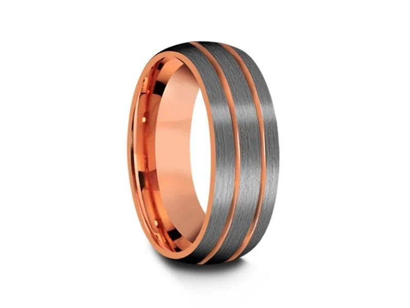 8MM BRUSHED GRAY Tungsten Wedding Band DOME AND ROSE GOLD INTERIOR