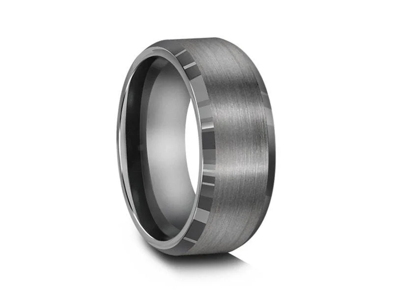 8MM Brushed GRAY GUNMETAL Tungsten Wedding Band BEVELED EDGES AND GRAY INTERIOR