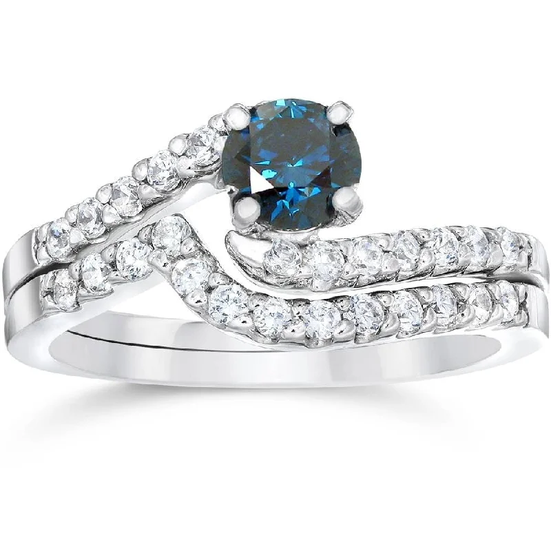 3/4ct Blue & White Diamond Engagement Wedding Ring Set White Gold