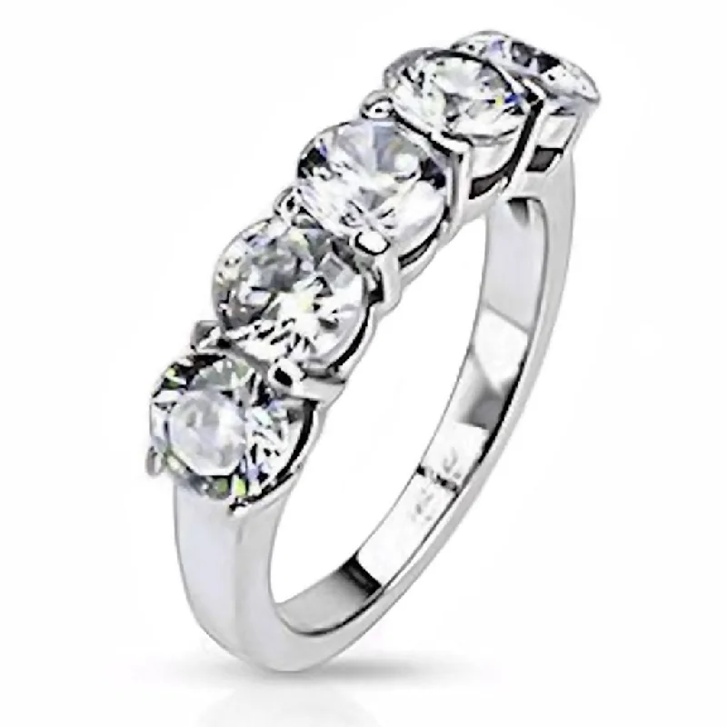 Sterrin 2.5c 5 Stone Russian Ice CZ 316 Steel Wedding Anniversary Ring