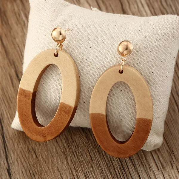 Oval Color Blocked Wooden Earrings