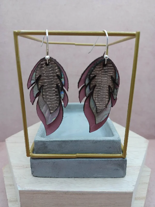 Triple Layered Genuine Leather Earrings - Pink & Grey