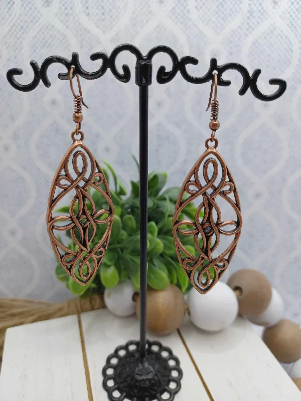 Copper Rounded Oval Style Earrings w/ Filigree Design