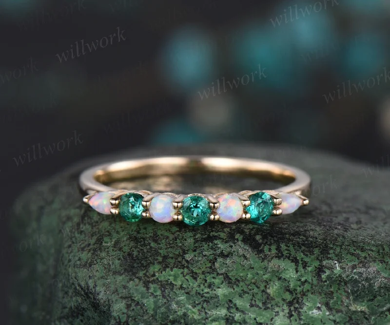 Round opal emerald wedding band solid 14k yellow gold Multi-Stone rings half eternity dainty anniversary ring women gift