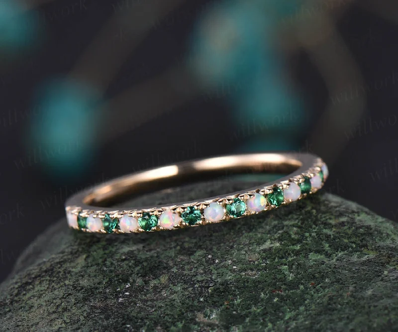 Opal ring for women emerald wedding ring band half eternity rose gold art deco opal wedding band May birthstone ring promise ring band gift