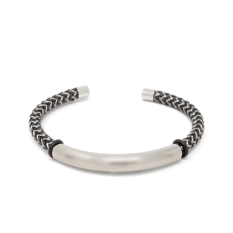 Stainless Steel Woven Wire Bangle with Metal Accent Black/Grey