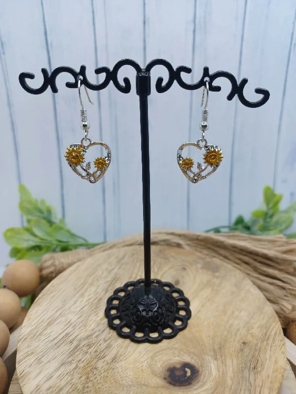 Silver Heart Earrings w/ Sunflowers