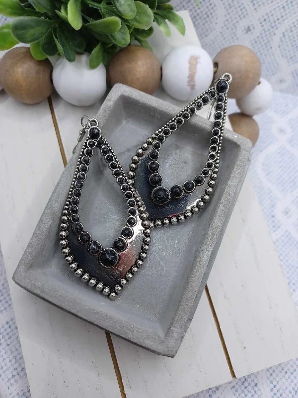 Silver Elongated Teardrop Earrings w/ Silver & Black Studded Design