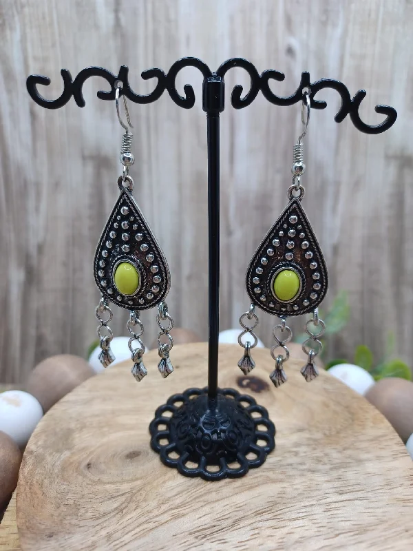 Silver Earrings w/ Neon Green Center & Dangle Beading